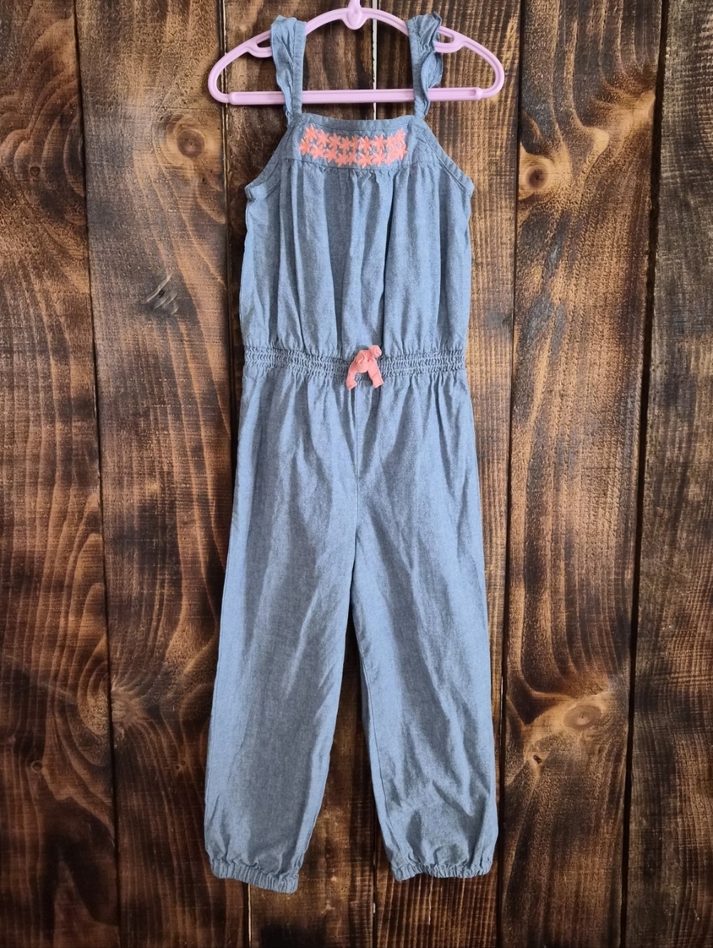 Genuine Kids OshKosh Chambray Jumpsuit Girls 5T Floral Romper One Piece